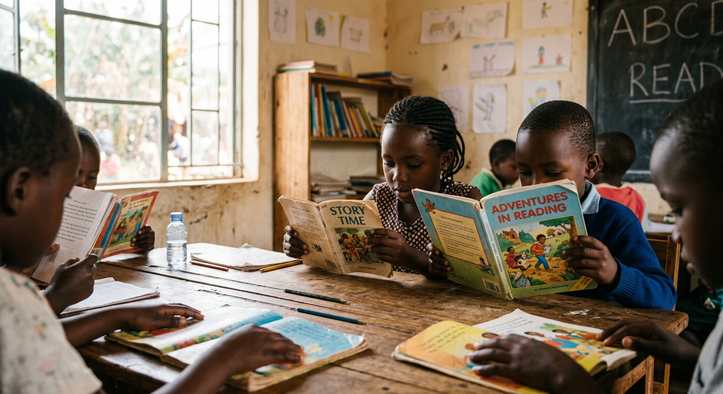 Children reading books together at a wooden table