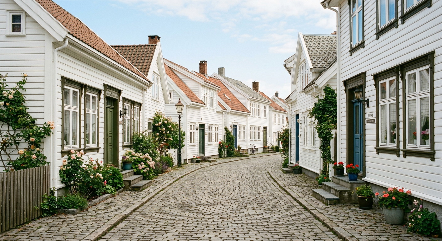 White wooden houses on a cobblestone street in Kristiansand